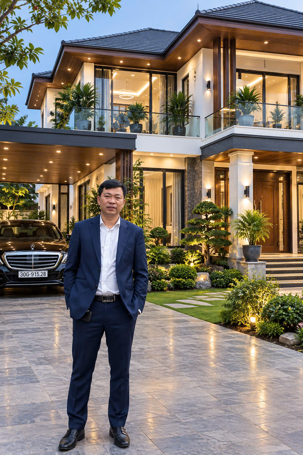 Nhà ở hiện đại với cửa và lan can kính